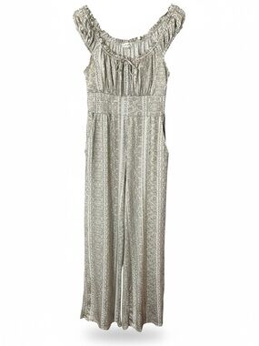 Derek Heart Cream & Sage Green Printed Smocked Wide-Leg Jumpsuit